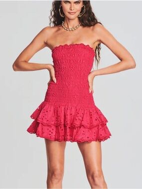 Charo Ruiz Strapless Megan Eyelet Mini dress in Fuscia red pink S. New w tags!